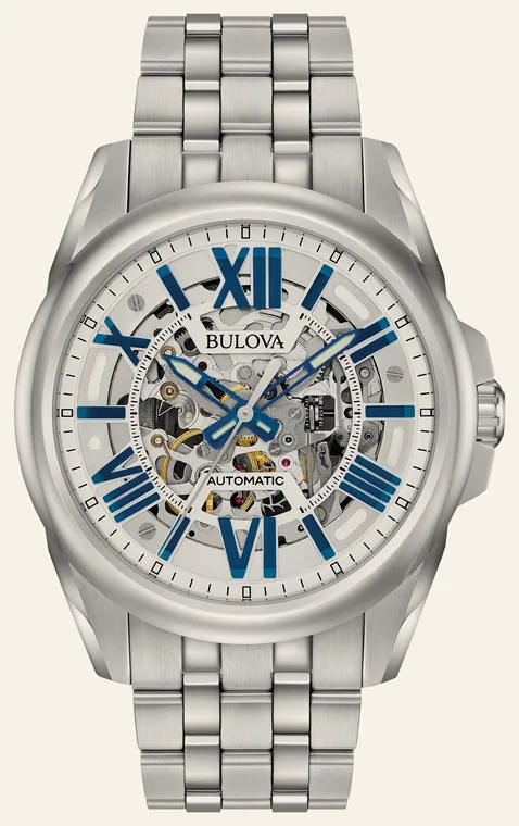 Relógio Bulova Sutton 96A187, mostrador prateado com detalhes azuis, esqueleto com o movimento à vista