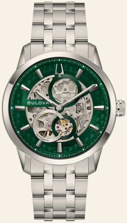 Relógio Bulova Sutton 96A329, mostrador verde, esqueleto com o movimento à vista