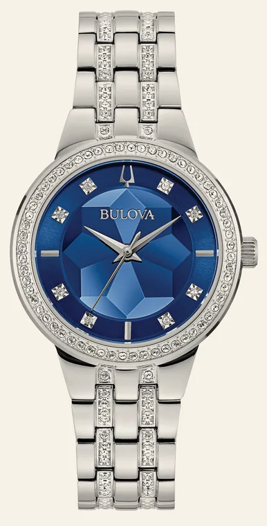 Relógio Bulova Crystal 96L276, mostrador azul facetado