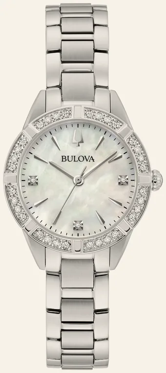 Relógio Bulova Sutton 96R253, mostrador madrepérola, 3 diamantes