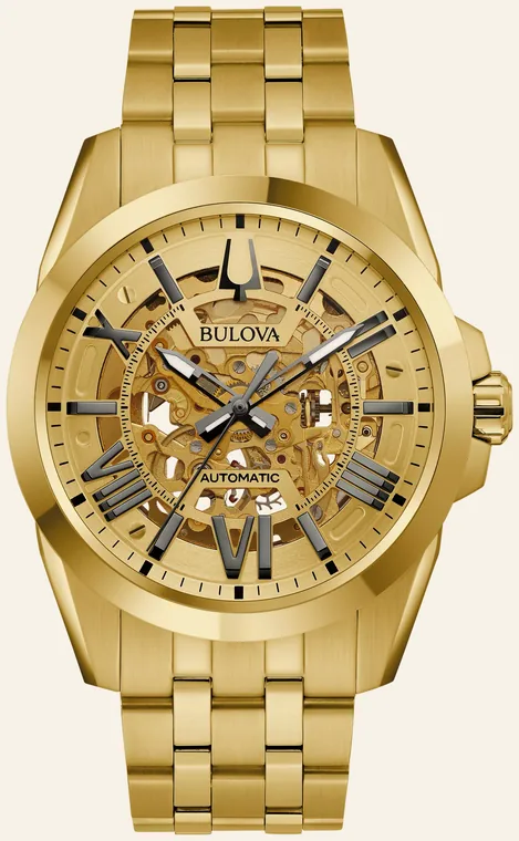 Relógio Bulova Sutton 97A162, mostrador dourado, esqueleto com o movimento à vista