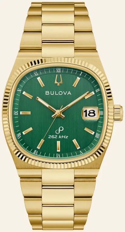 Relógio Bulova Super Seville 97B237, mostrador verde escovado, data com lupa