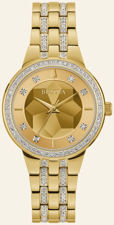 Relógio Bulova Crystal 97L176, mostrador champanhe facetado, 8 cristais nos índices