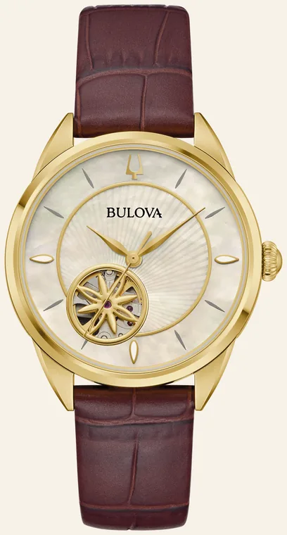 Relógio Bulova Sutton 97L179, mostrador madrepérola raiada, abertura floral para o movimento