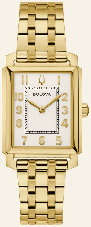 Relógio Bulova Sutton 97L186, mostrador esmalte branco, algarismos arábicos dourados