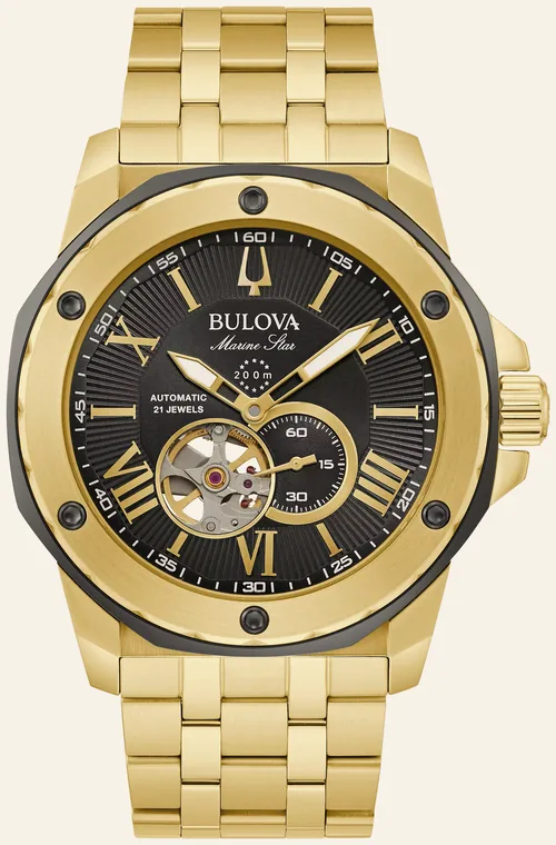 Relógio Bulova Marine Star 98A273, mostrador preto, coração aberto e pequeno segundo