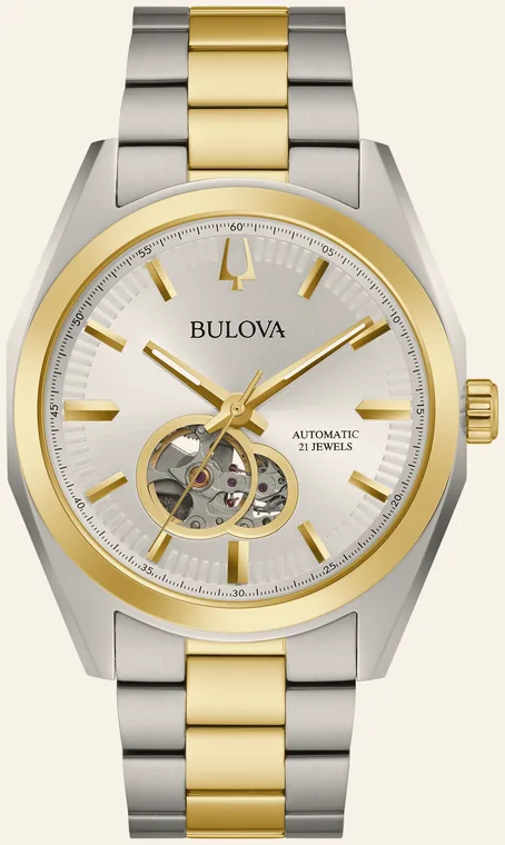 Relógio Bulova Surveyor 98A284, mostrador prateado com detalhes dourados, abertura para o balanço