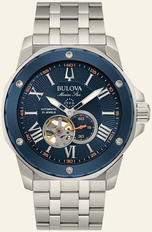 Relógio Bulova Marine Star 98A302, mostrador azul raiado, coração aberto e pequeno segundo