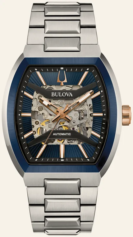 Relógio Bulova Maquina 98A319, mostrador azul texturizado, abertura central para o movimento