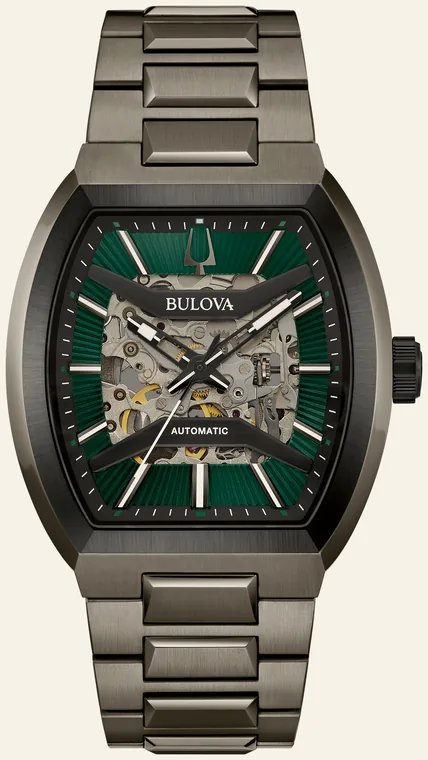 Relógio Bulova Maquina 98A321, mostrador verde texturizado, abertura central para o movimento