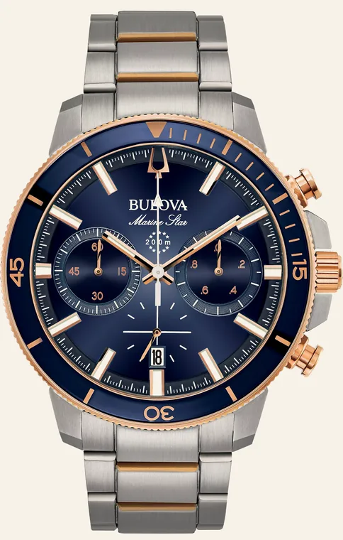 Relógio Bulova Marine Star 98B301, mostrador azul, cronógrafo