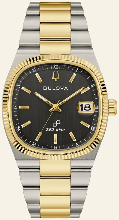 Relógio Bulova Super Seville 98B458, mostrador preto escovado, data com lupa