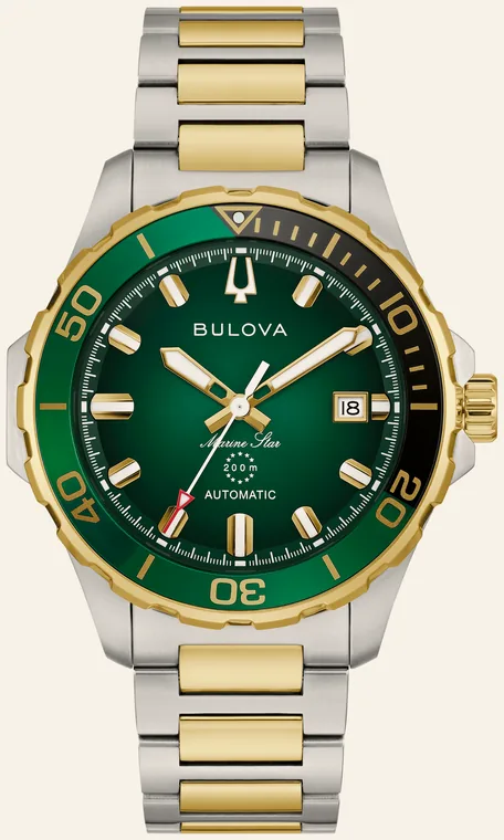 Relógio Bulova Marine Star 98B467, mostrador verde raiado