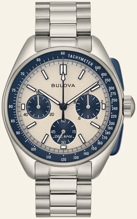 Relógio Bulova Lunar Pilot 98K112, mostrador panda prateado e azul, escala taquimétrica