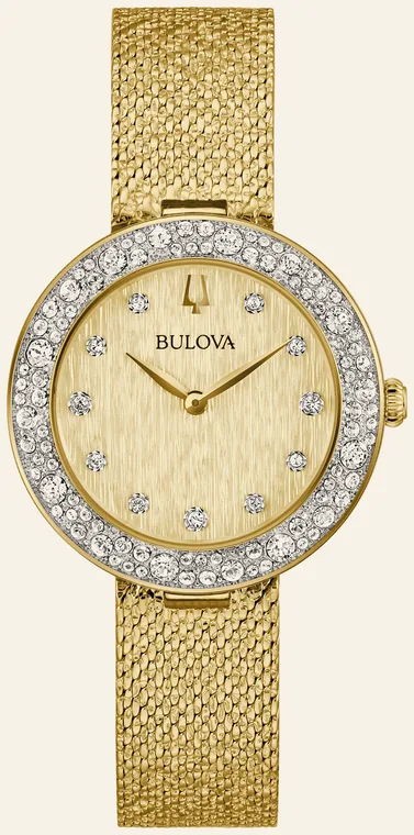 Relógio Bulova Crystal 98L321, mostrador champanhe texturizado, 11 cristais nos índices
