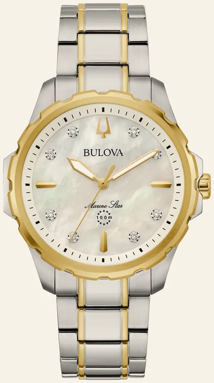 Relógio Bulova Marine Star 98P227, mostrador madrepérola, 8 diamantes nos índices