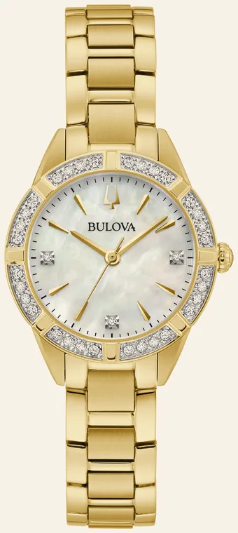 Relógio Bulova Sutton 98R297, mostrador madrepérola, 3 diamantes