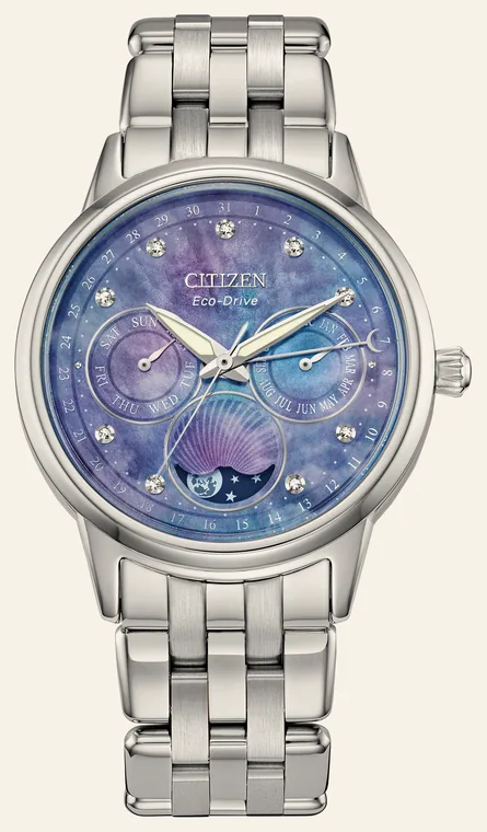 Relógio Citizen Calendrier FD0000-52NN, mostrador madrepérola azul com diamantes