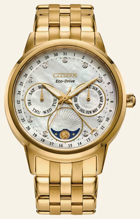 Relógio Citizen Calendrier FD0002-57DN, mostrador madrepérola branca com 9 diamantes