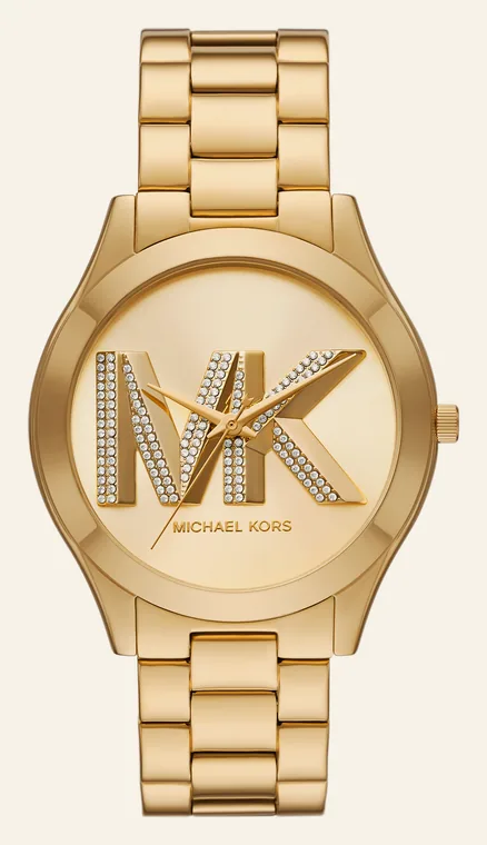 Relógio Michael Kors Slim Runway MK4732/1DN, mostrador dourado, com logo MK em alto-relevo cravejado de cristais