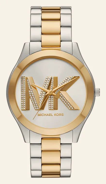 Relógio Michael Kors Slim Runway MK4735/1KN, mostrador prateado, com logo MK