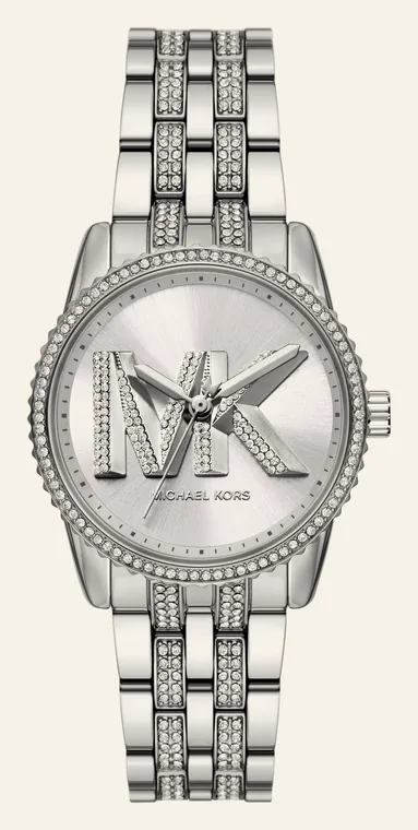 Relógio Michael Kors Ritz MK7542, mostrador prateado, com as iniciais MK brilhantes