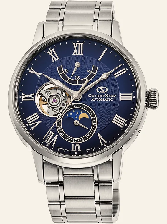Relógio Orient Orient Star REAY0103L00B, mostrador azul, open-heart e fases da lua