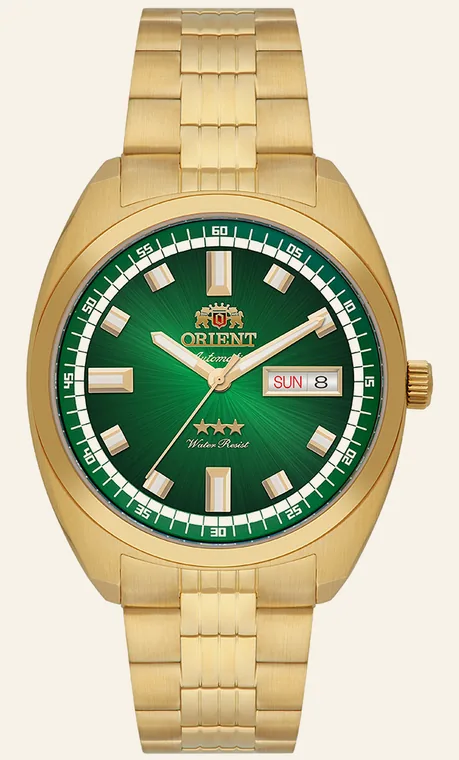 Relógio Orient Automatic Heritage YN6GG004 E1KX, mostrador verde