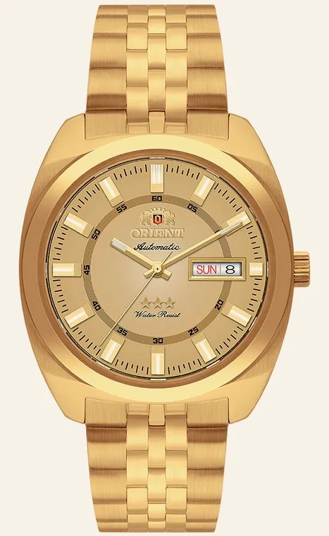 Relógio Orient Automatic Heritage YN6GG005 C1KX, mostrador dourado