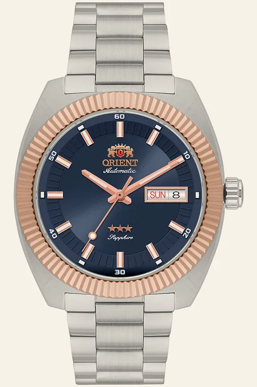 Relógio Orient Automatic Heritage YN6MM026 D1SX, mostrador azul